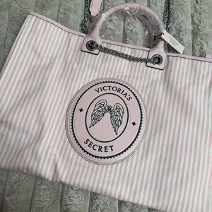 Victoria's Secret Pink and White Striped Tote with Logo Patch